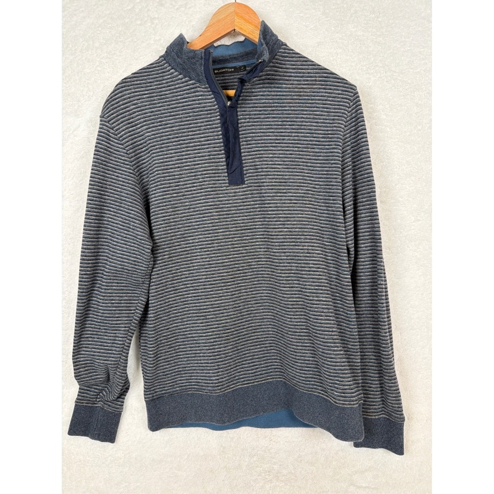 Bugatchi Quarter Zip Pullover Mens Large Blue Grey Striped Pebble Beach Golf